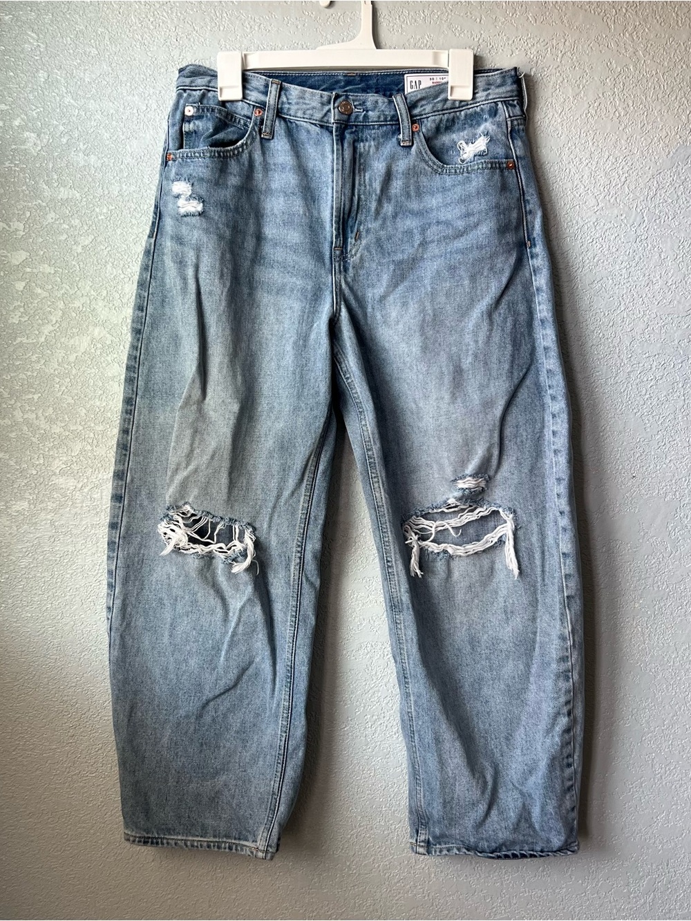 Gap Barrel High Rise Distressed Jeans 30 Petite Light Wash Baggy Y2K Denim